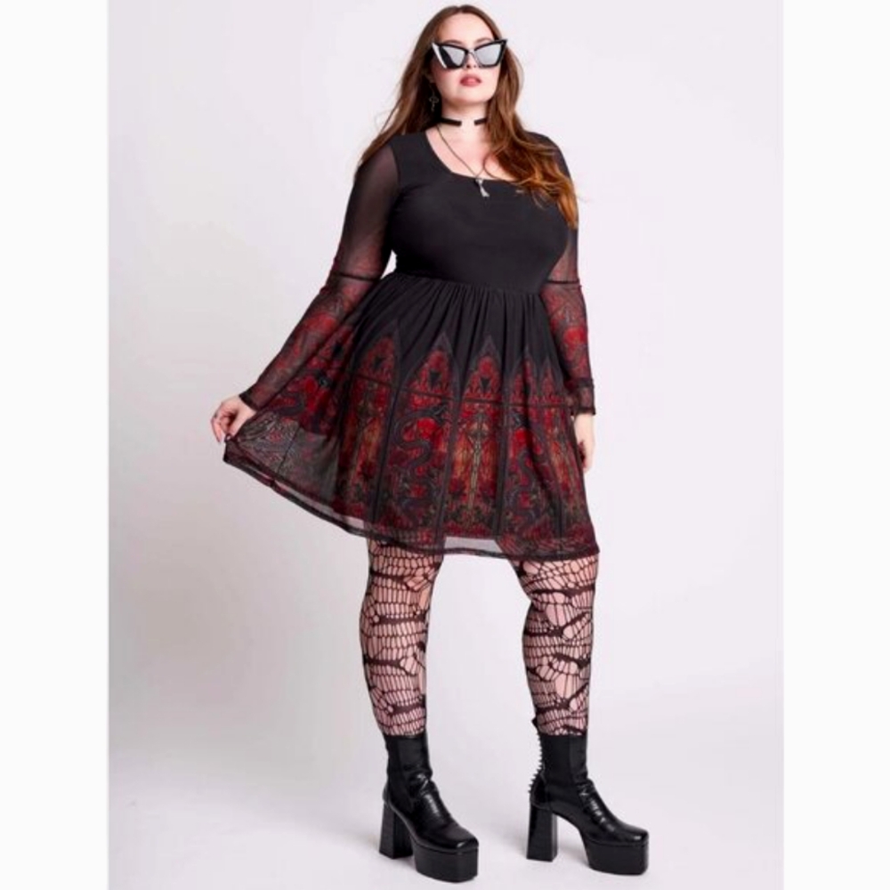 Midnight Hour Dragon's House Dress - Red Black XL Mesh Skater w Bell Sleeve